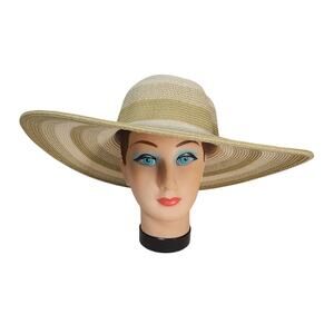 Something Special White/Tan Striped Straw Sun Hat Beach Summer Bucket Paper Nice